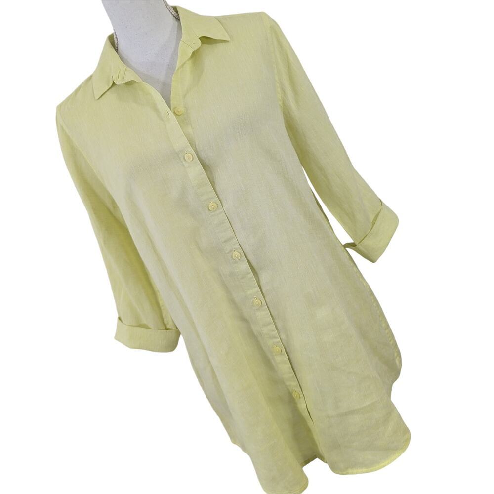 CHICO'S! LINEN LUXE! PALE LIME 3/4 NOTCH SLEEVE OVERSIZE BUTTON UP BLOUSE!SZ 4/6